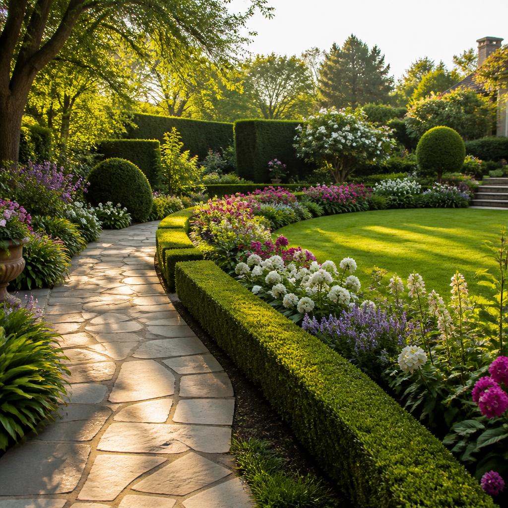 Beautiful landscaped garden with vibrant flowers and manicured hedges
